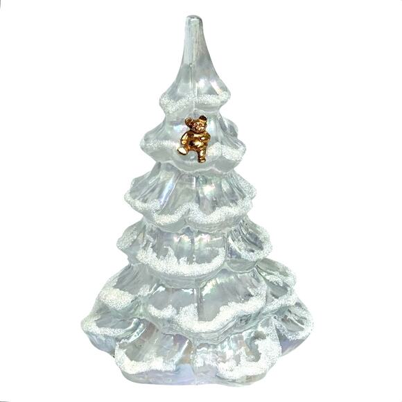Fenton CHRISTMAS TREE 6.5" Large Snow Frosted Iridescent White Gold Teddy Bear!